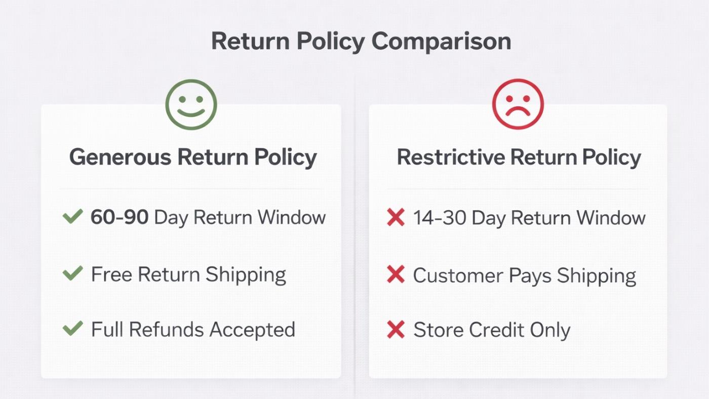 Seat cover return policy comparison showing generous policies with full refunds vs restrictive policies with limited terms.