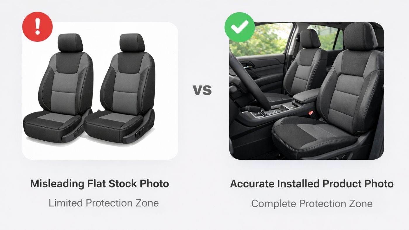Comparison of flat stock seat cover image vs installed seat covers; highlights misleading listings & proper fit verification.