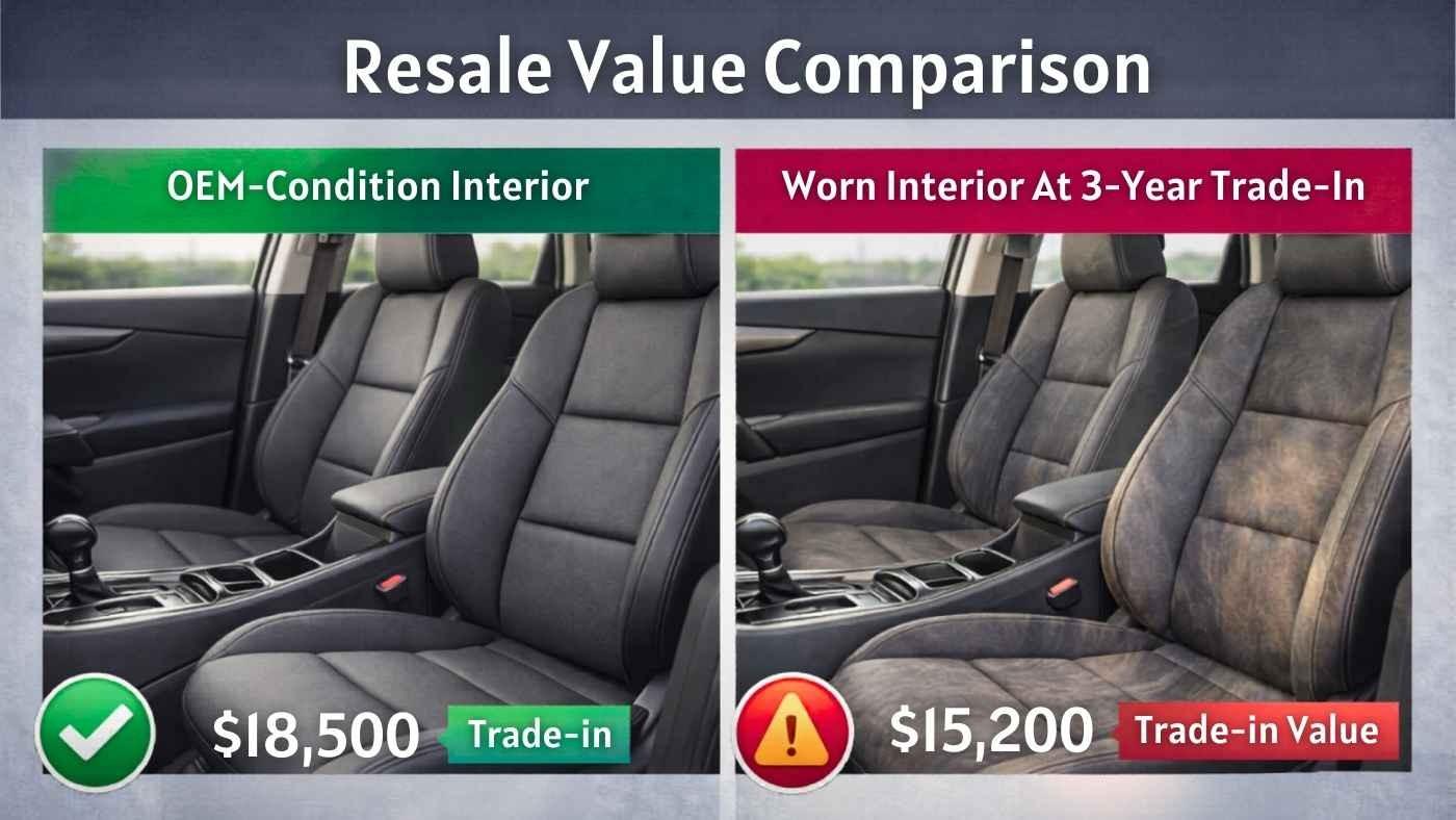 Resale value comparison showing clean OEM seats vs worn interior, highlighting higher trade in value with seat protection.