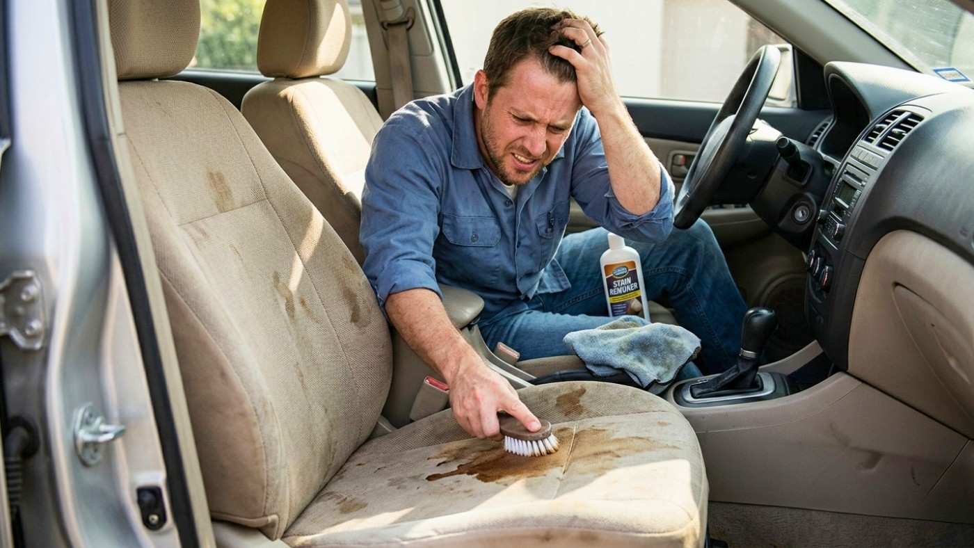 Driver scrubbing sunscreen stain from fabric car seat; highlights why non porous seat covers handle beach conditions better.