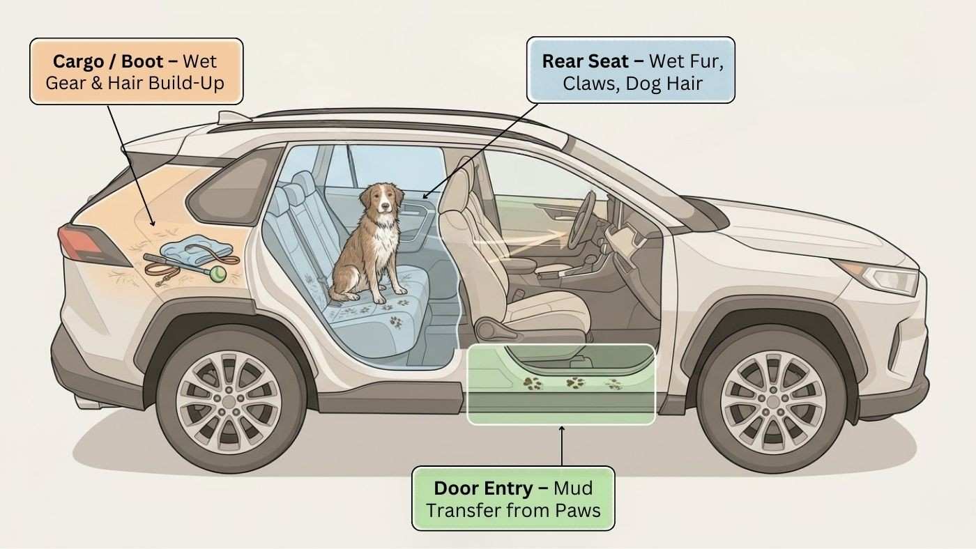 Diagram shows 3 zone dog car mess areas: rear seat dog hair, door entry mud from paws, & cargo boot wet gear in SUV interior.