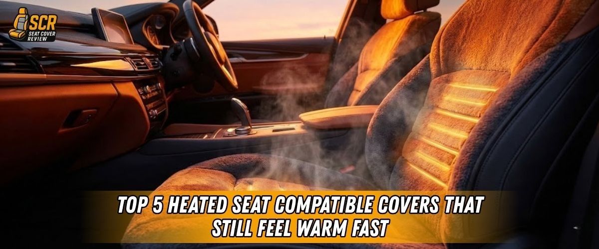 Car interior with glowing heated seats showing heated seat covers that allow fast heat transfer on cold winter mornings.