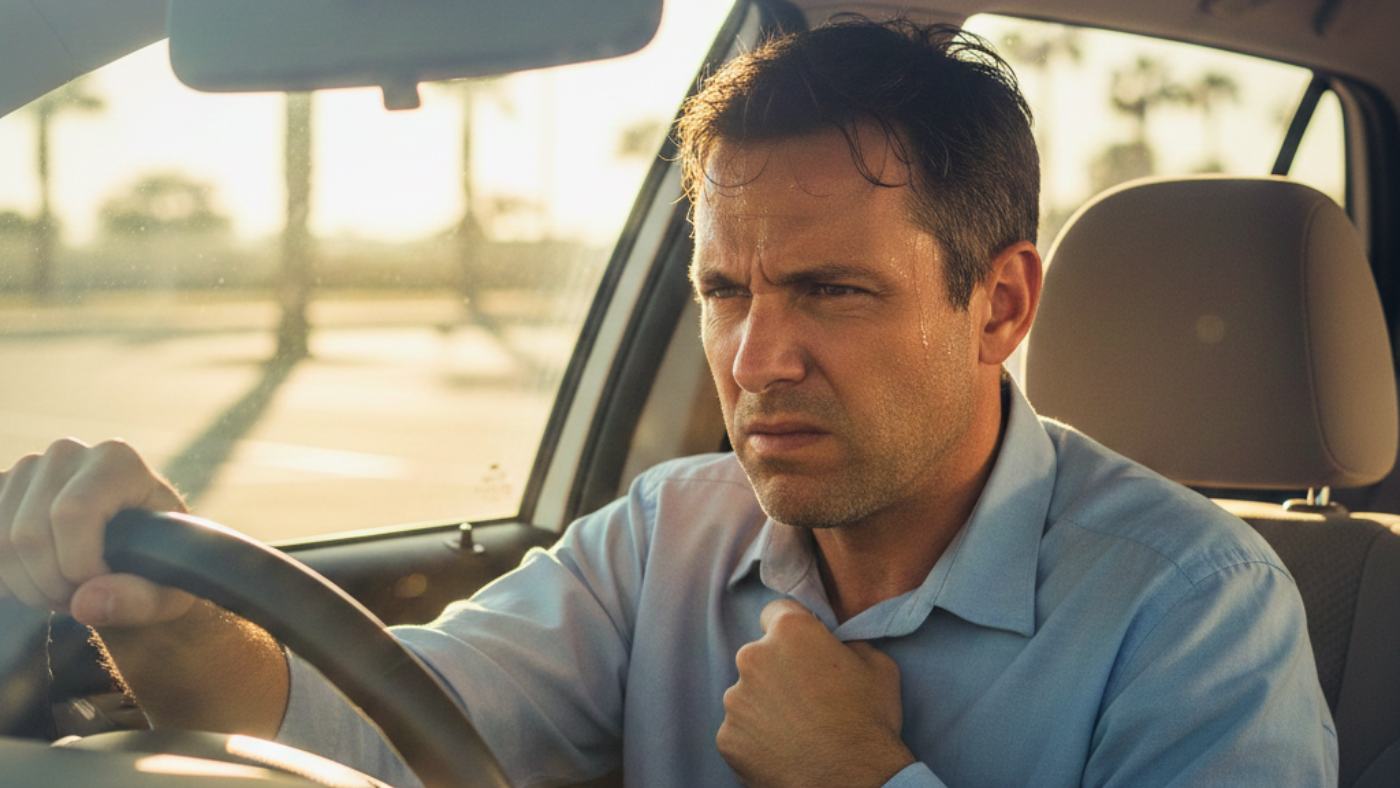 Driver sweating in a sun heated car interior showing why breathable hot climate seat covers help reduce heat buildup in cars.