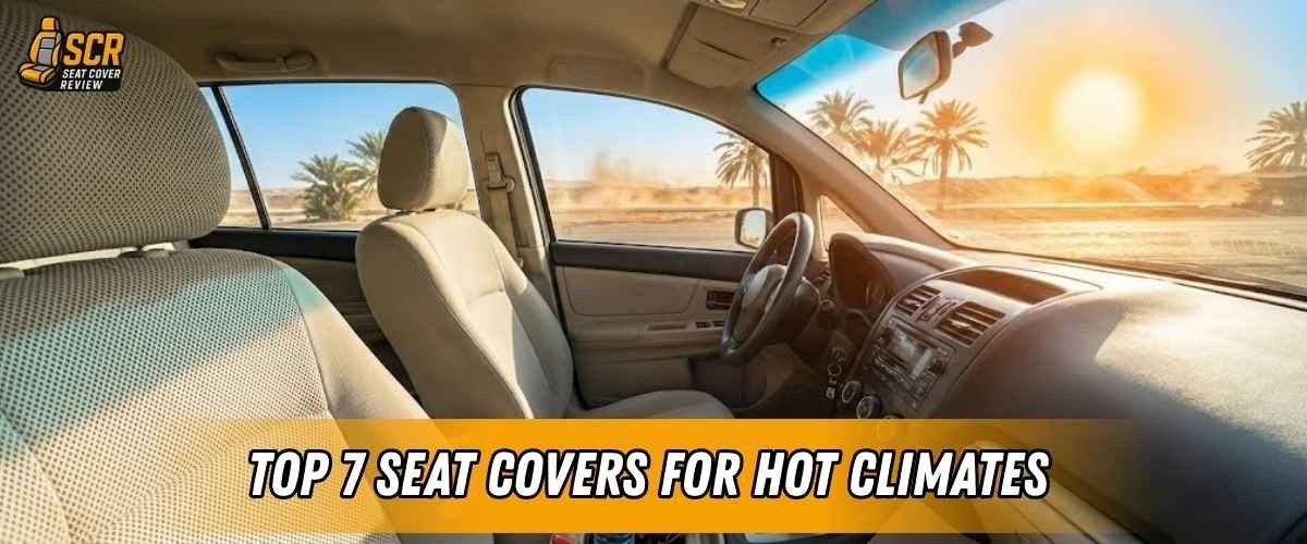 Car interior with heated seats glowing through compatible seat covers showing airflow design that works in both cold and hot.