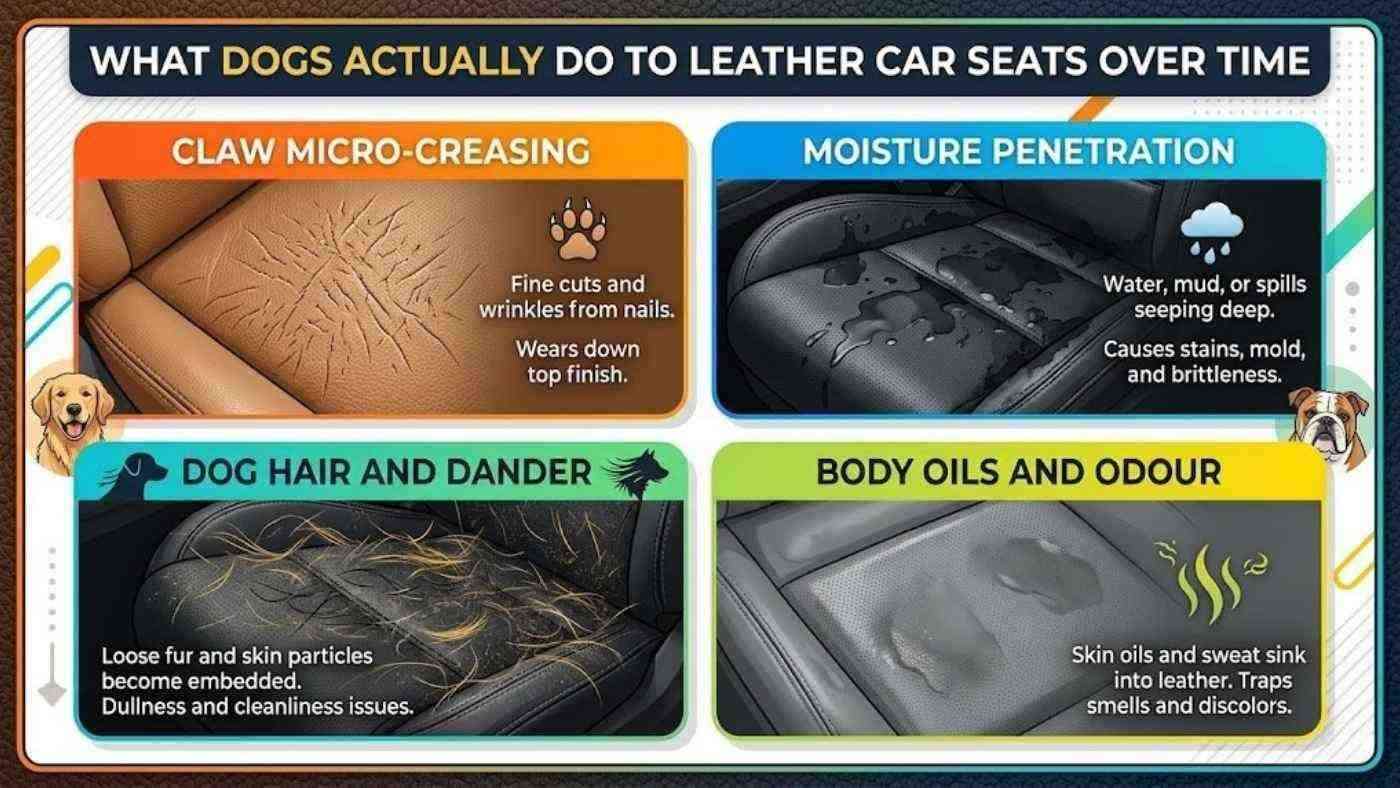 Infographic showing how dogs damage leather car seats with claw creasing moisture buildup hair and oil stains over time.