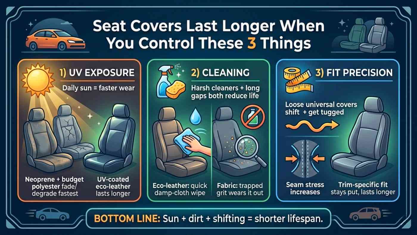 Infographic shows UV exposure, cleaning habits, & fit precision as key factors affecting how long seat covers last in daily.