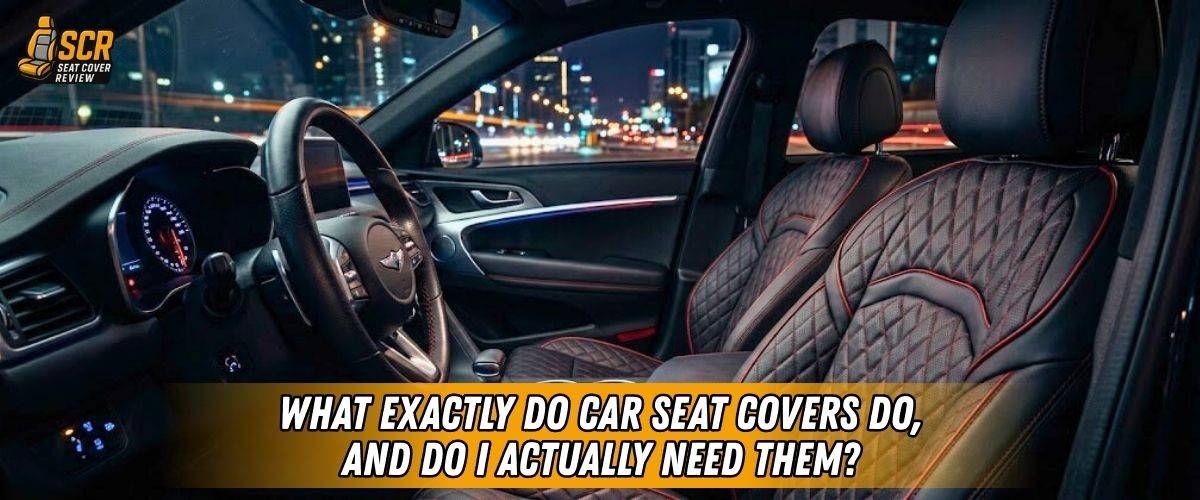 Modern car interior with fitted seat covers protection from wear, UV damage, and use, asking do I need seat covers.