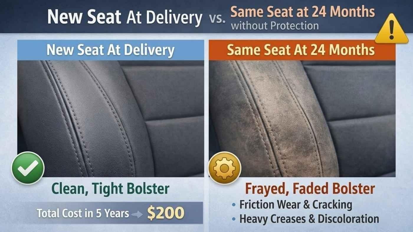 Comparison of new car seat vs worn seat after 24 months, showing fading, creasing, and bolster wear without protection.