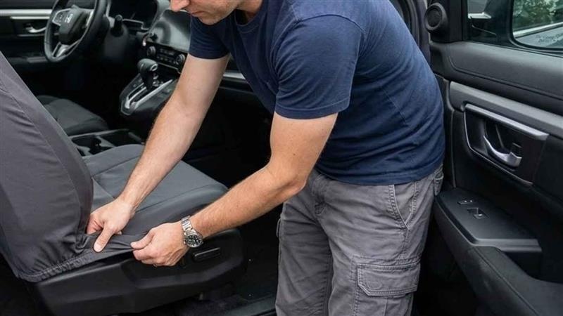 Man securing car seat cover with hooks under seat base, demonstrating hook based seat cover installation process.