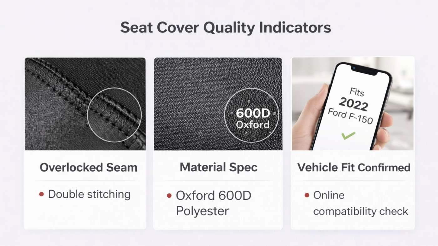 Seat cover quality indicators showing overlocked seams, 600D material specs, and vehicle fit confirmation.