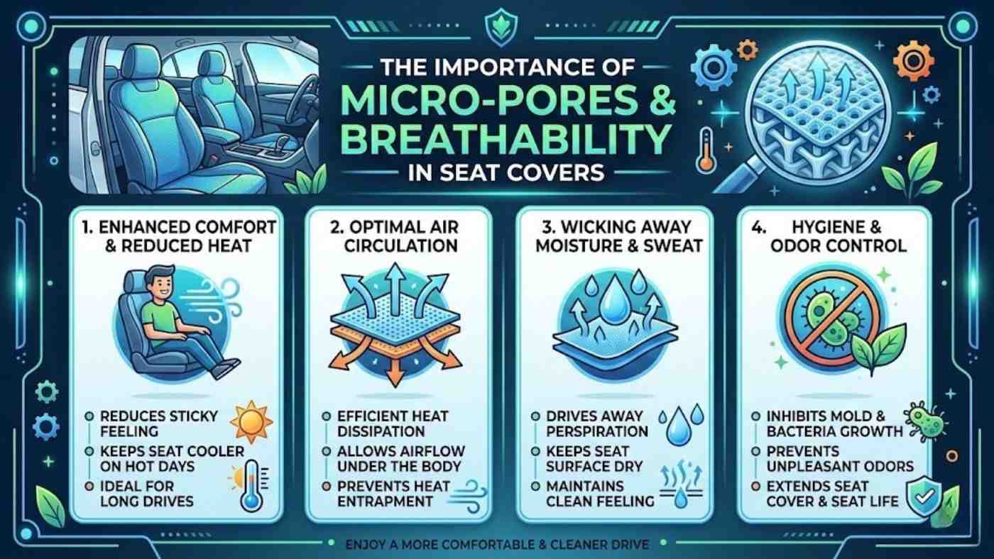Infographic explains micro-perforated seat covers; shows how micro pores improve airflow, and wick moisture for comfort.