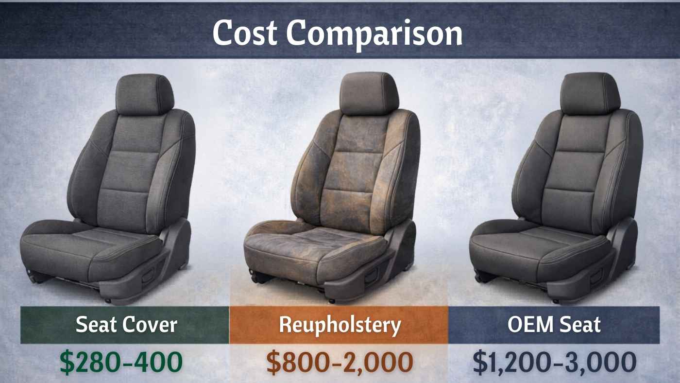 Comparison chart shows seat cover, reupholstery, and OEM seat replacement options with price ranges for worn car seats.