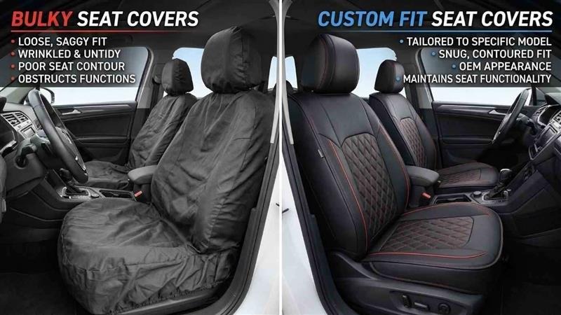 Bulky universal seat covers with wrinkled fit versus custom fit seat covers with snug OEM style appearance in a car interior.