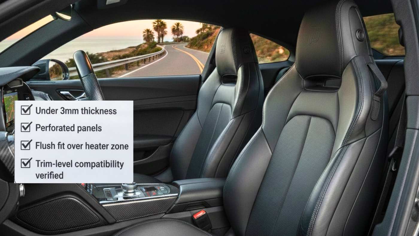 Heated seat covers guide showing under 3mm thickness, perforated panels, and trim compatible design for fast heat transfer.