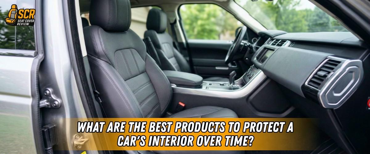 Clean modern car interior with leather driver seat, dashboard and console, illustrating protection and seat cover focus.