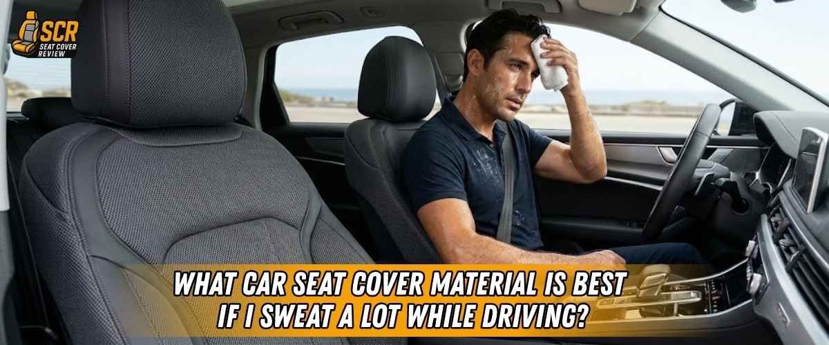 Driver wiping sweat while driving in heat, illustrating need for breathable seat covers materials for sweaty drivers.