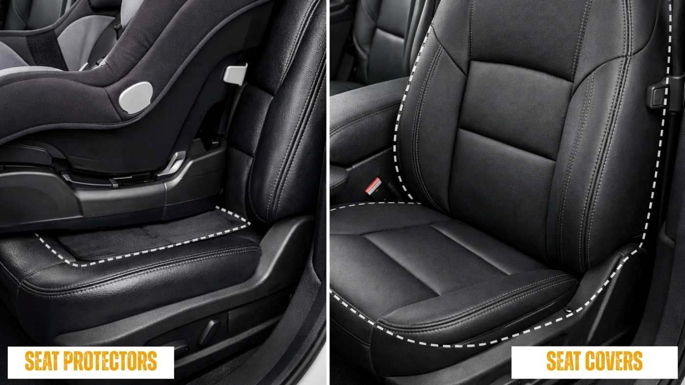 Side-by-side comparison of child car seat protector under base versus full coverage car seat cover on front seat.