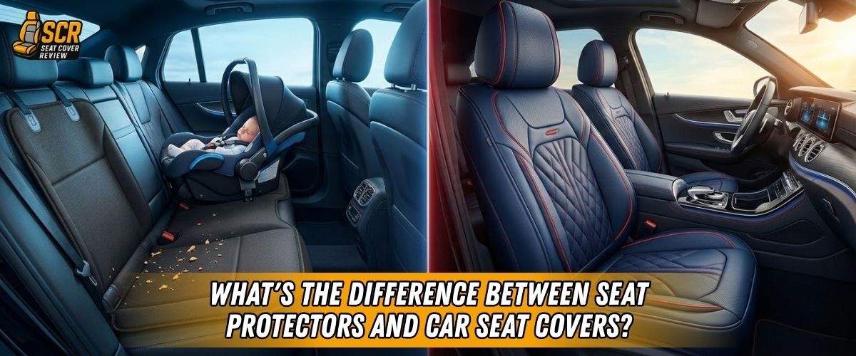 Split image of child car seat on rear seat with debris versus premium front seats, illustrating seat protector vs seat cover.