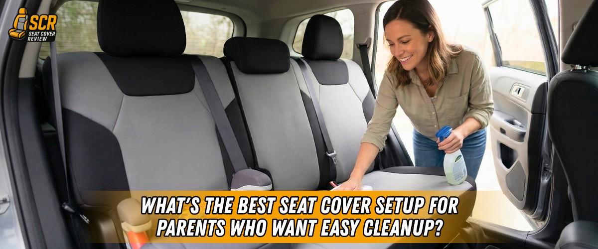 Mother wiping rear car seat with cleaner, shows seat cover setup for parents who want easy cleanup from spills and crumbs.