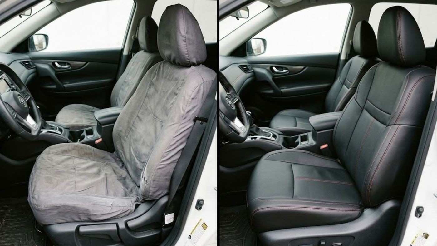 Budget universal seat cover compared with snug custom seat cover; shows when cheap seat covers may suit vehicle use.