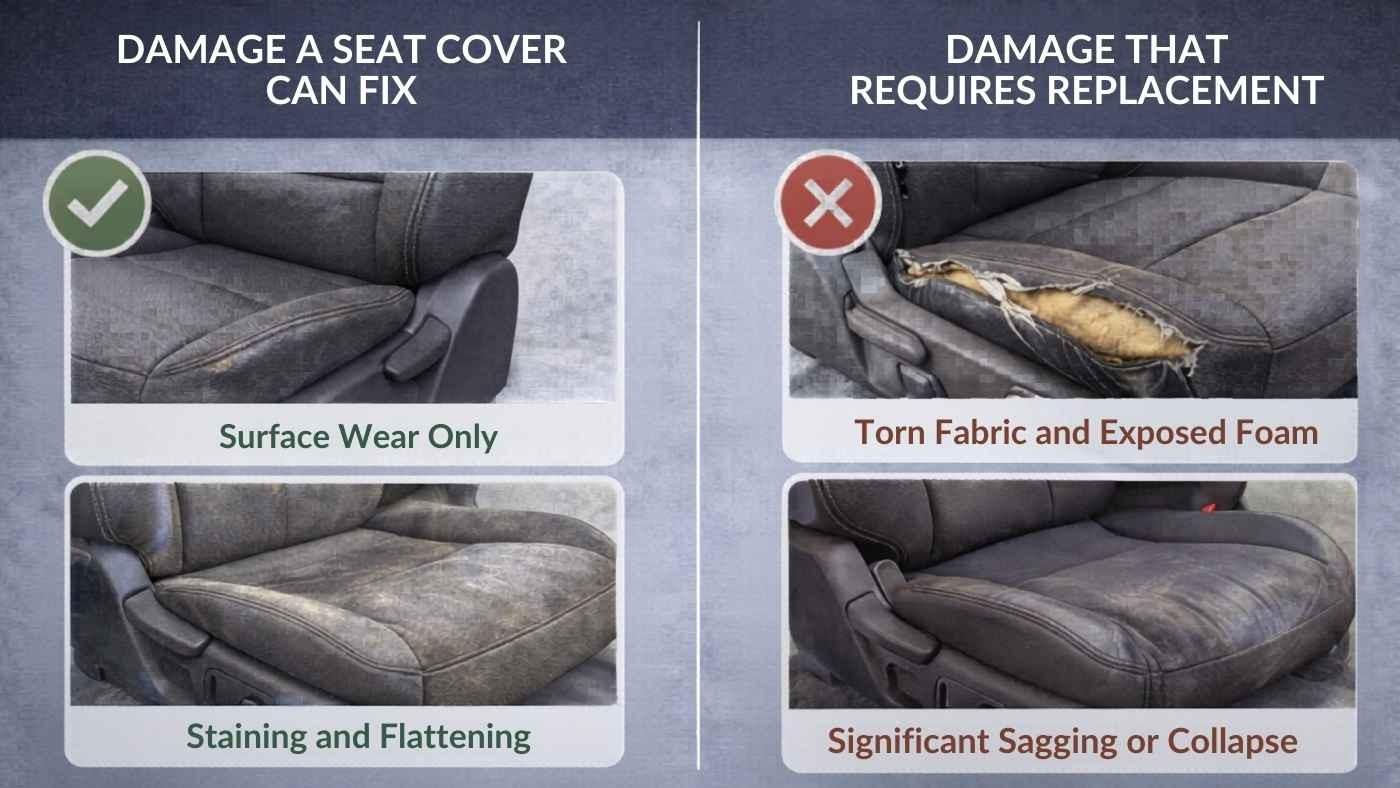 Chart shows seat damage seat covers can fix like stains vs severe seat damage with torn fabric that needs replacement.