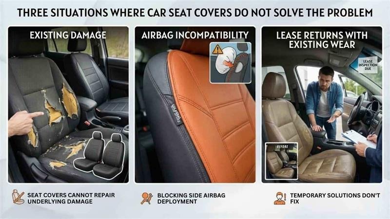 Car seat covers limits with damaged seats airbag risks and lease inspection issues explaining when seat covers are not right.