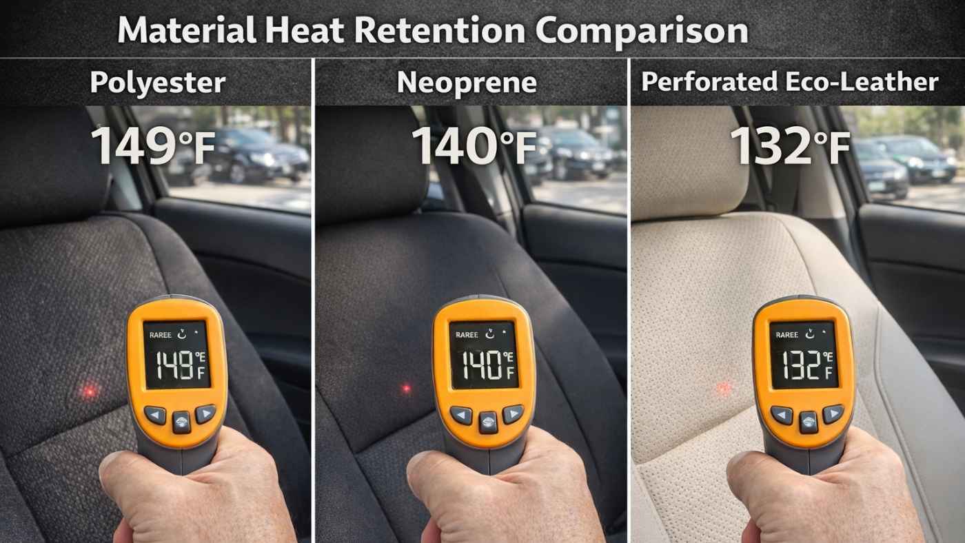 Seat cover heat retention comparison showing polyester, neoprene, & perforated eco-leather surface temperatures in summer.