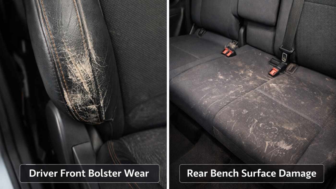 Driver front seat bolster wear beside scratched rear bench surface, shows front & rear seats have different damage types.