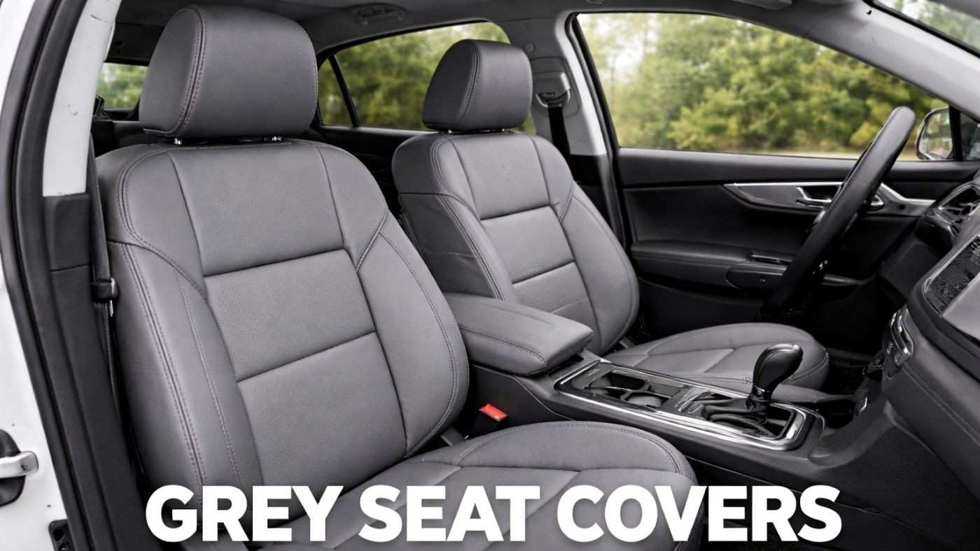 Grey seat covers in modern car interior showing clean design, versatile color, and seamless match with dashboard and trim.