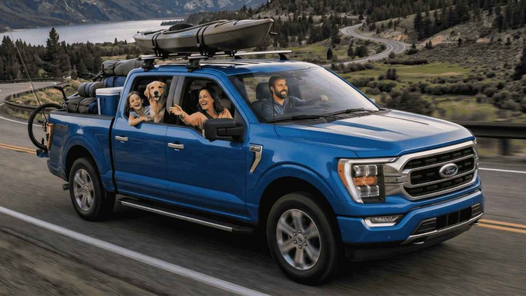 Family in Ford F-150 XLT interior driving with dog on road trip, highlighting comfort and family-friendly cabin use daily.