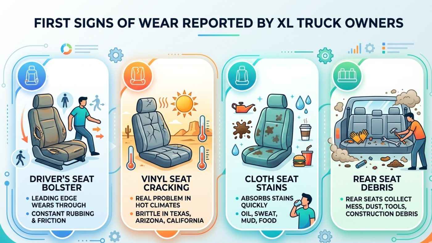 Infographic showing Ford F-150 XL seat wear issues like cracking vinyl, stains, driver bolster damage, and rear seat debris.