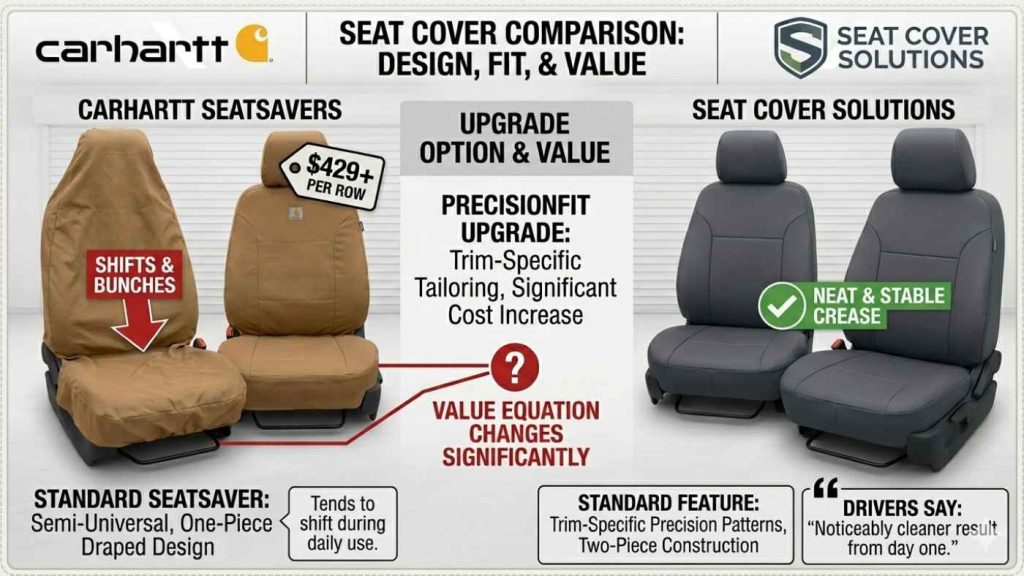 Carhartt one-piece seat covers that shift versus SCS trim-specific two-piece covers with a stable fit and clean seat crease.