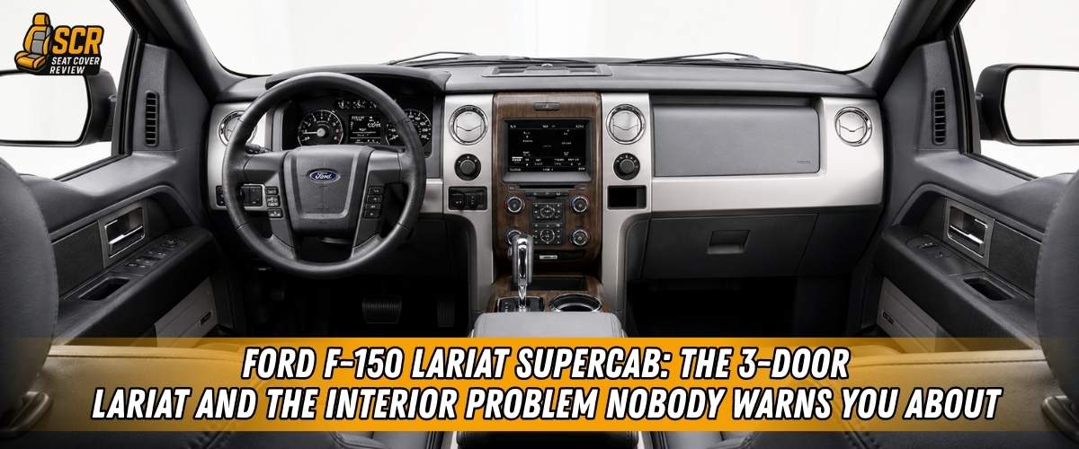 Ford F-150 Lariat SuperCab interior with leather seats highlighting rear access wear zones and protective seat covers.