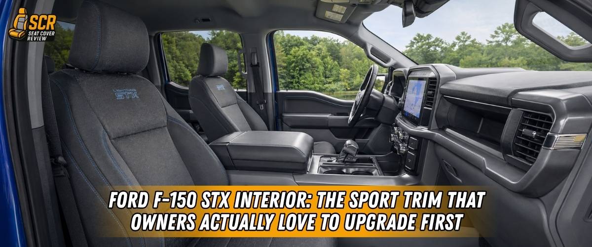 Ford F-150 STX interior with sporty seats and custom-fit seat covers for truck cabin protection.