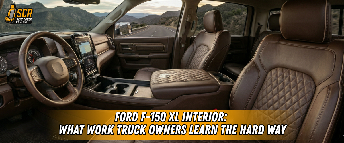 Ford F-150 XL interior with worn prone seats highlighting need for durable seat covers in work trucks daily use.