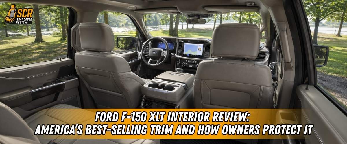 Ford F-150 XLT interior showing roomy truck seats protected with custom-fit seat covers.