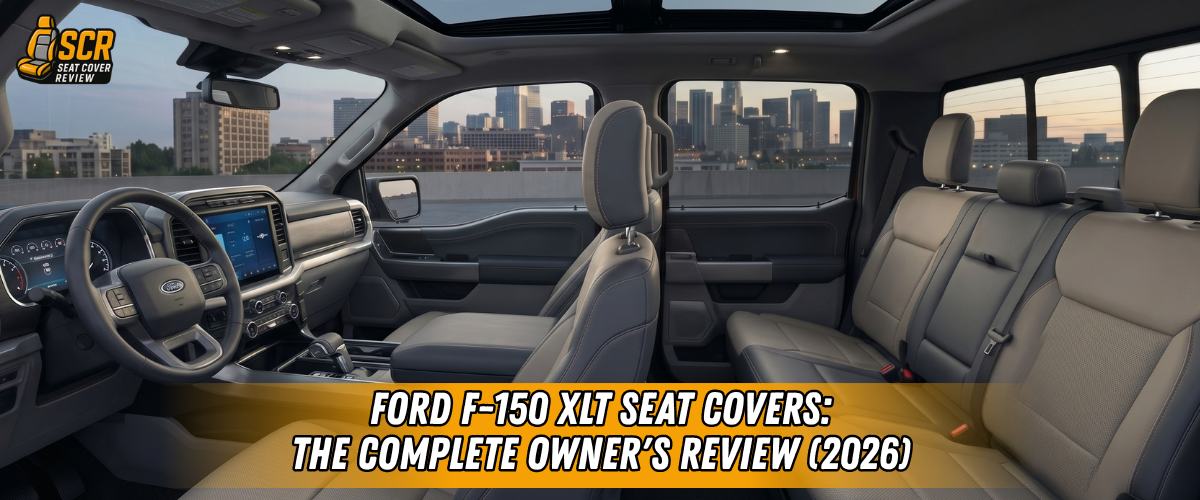 Interior view of Ford F-150 XLT cabin highlighting cloth seats, showcase need for Ford F-150 XLT Seat Covers for protection.