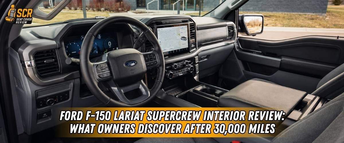 Ford F-150 Lariat SuperCrew interior on coastal drive with leather seats, touchscreen, and early wear protected.