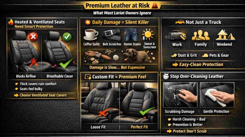 Infographic on Ford F-150 Lariat seats showing ventilated seat cover choices, daily damage risks, and leather care tips.