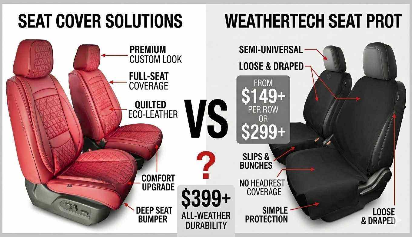 Seat cover comparison showing price, fit, and coverage differences between WeatherTech and Seat Cover Solutions options.