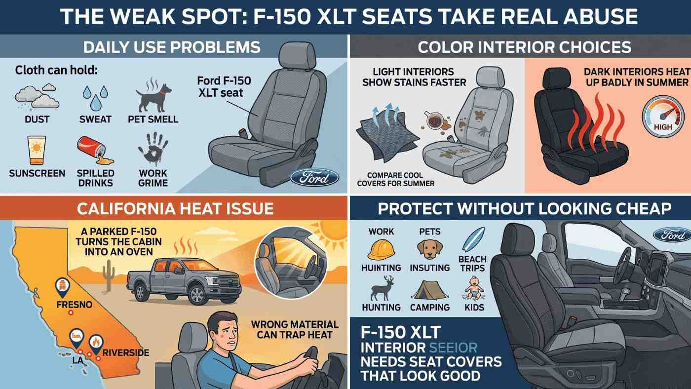Infographic showing Ford F-150 XLT seats facing wear from dust, spills, pets, heat, and benefits of protective seat covers.
