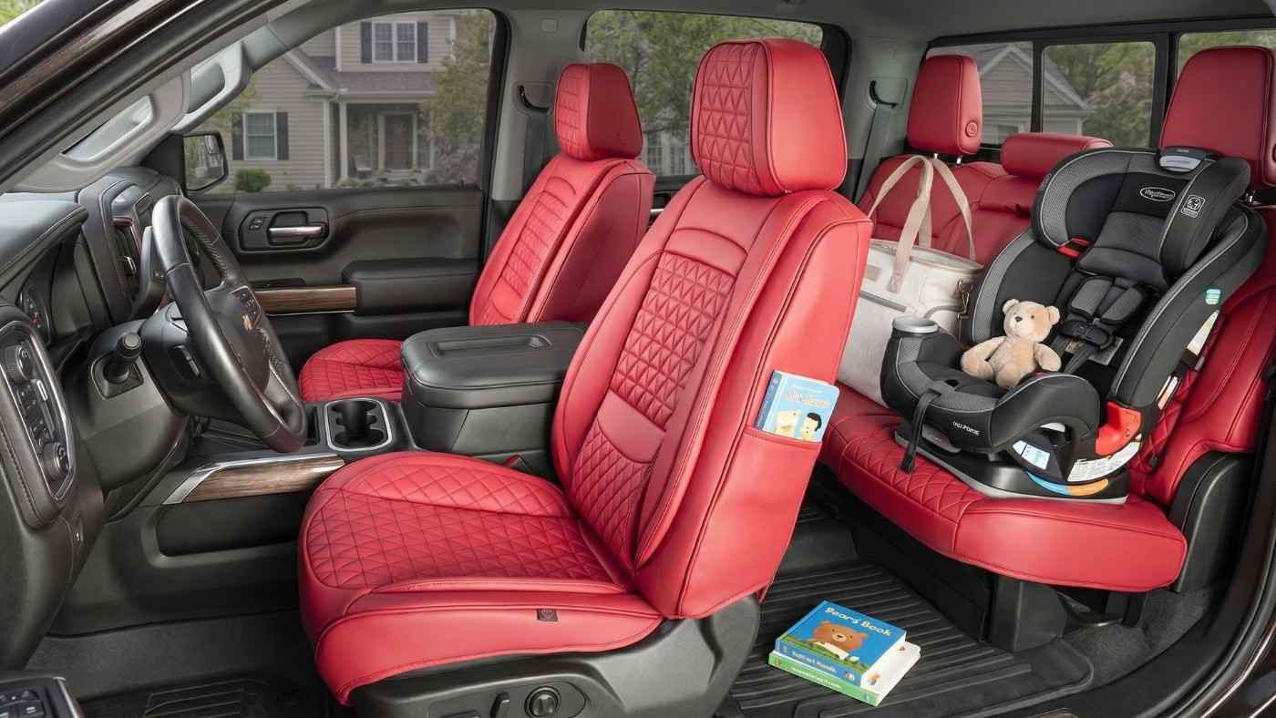 Ford F-150 XLT SuperCrew rear seat with protective seat covers for kids, pets, spills, and daily passenger wear.