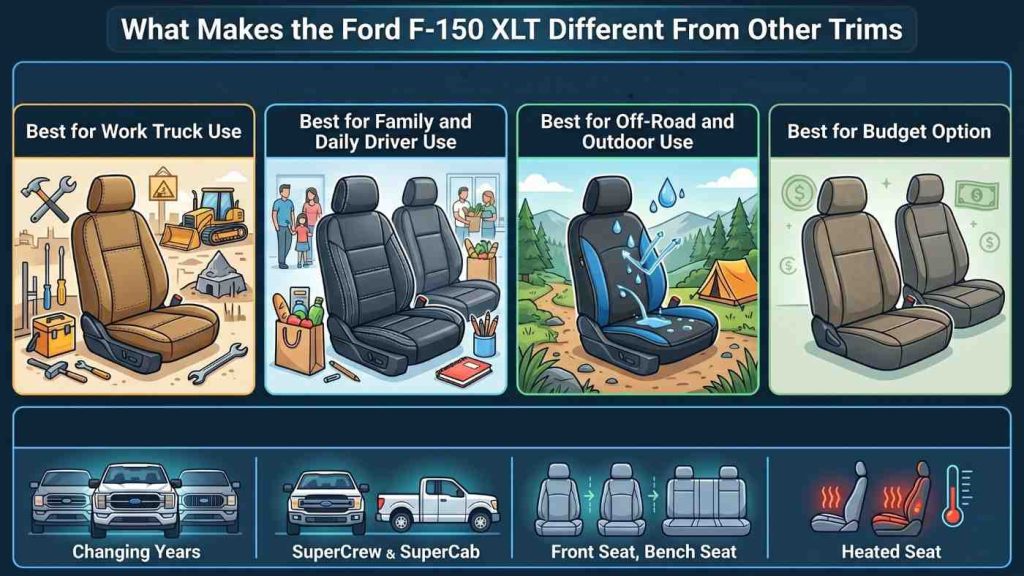 Illustration of Ford F-150 XLT seat cover options by use case, with trim features and seat configurations.