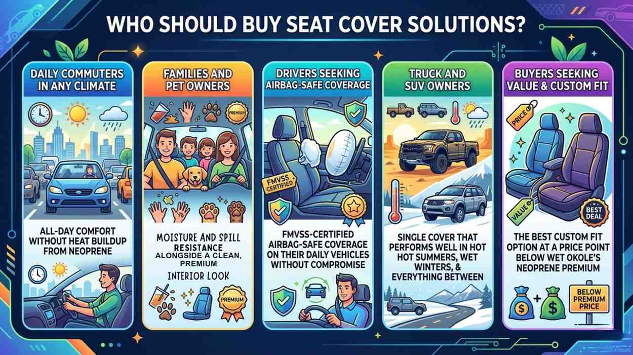 Infographic shows who should buy Seat Cover Solutions, including commuters, families, truck owners, and value focused buyers.