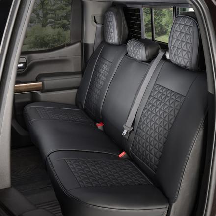 Luxury black seat covers on rear bench, back angle view