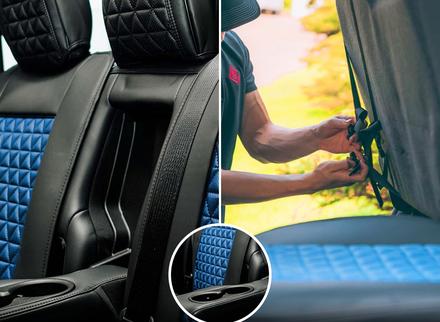 Seat cover with cup holder access for coffee cup