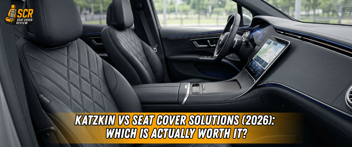Modern car interior with quilted leather seats illustrates Katzkin vs SCS (2026) comparison of fit, material, and value.