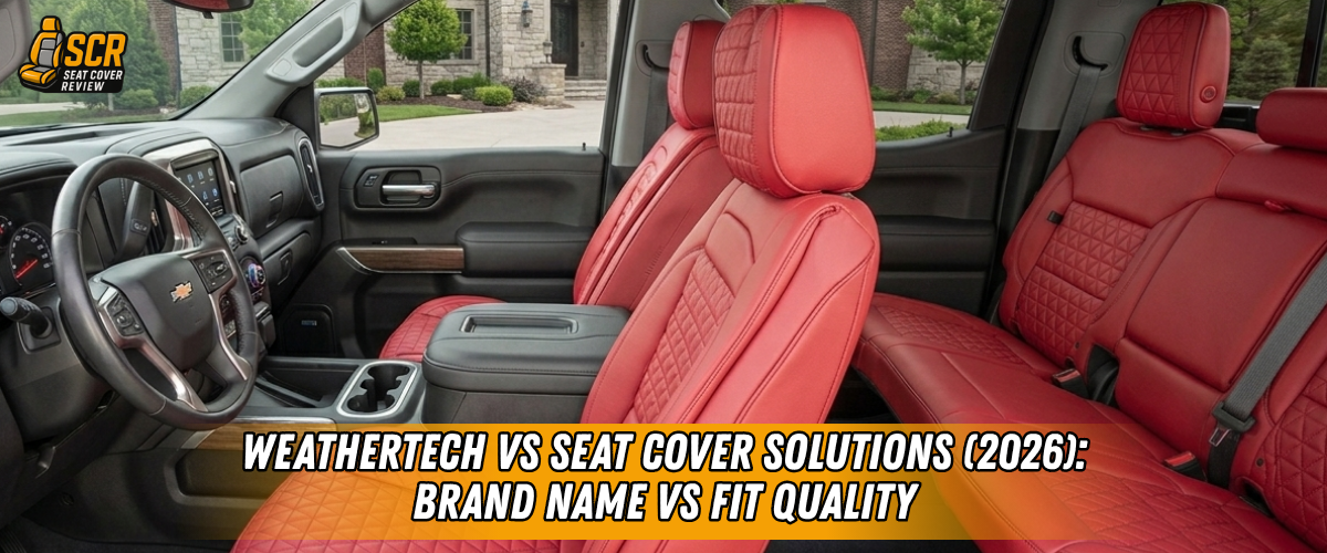 Truck interior with red seat covers showing full coverage, highlighting WeatherTech vs Seat Cover Solutions fit differences.