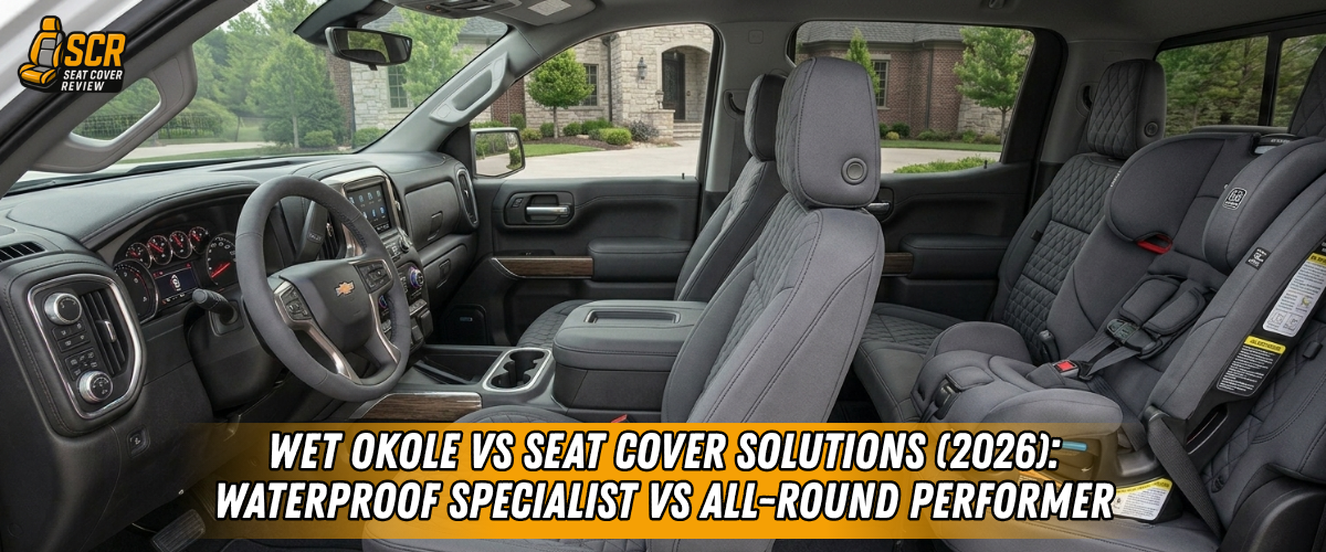 Truck interior with seat covers showing Wet Okole vs Seat Cover Solutions comparison of comfort, fit, and durability.