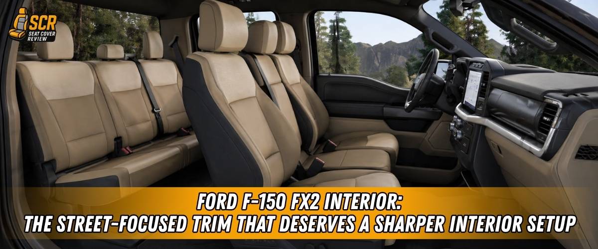 Ford F-150 FX2 interior with black sport seats and fitted covers for a clean, street-focused daily-driver cabin.